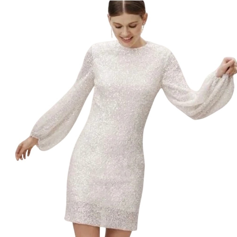 BHLDN Goldie Dress Mini White Sequin Long Sleeve Wedding Size 0 Bridal Reception